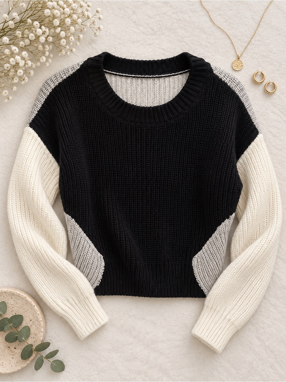 Scala Black, White & Gray Colorblock Crewneck Sweater